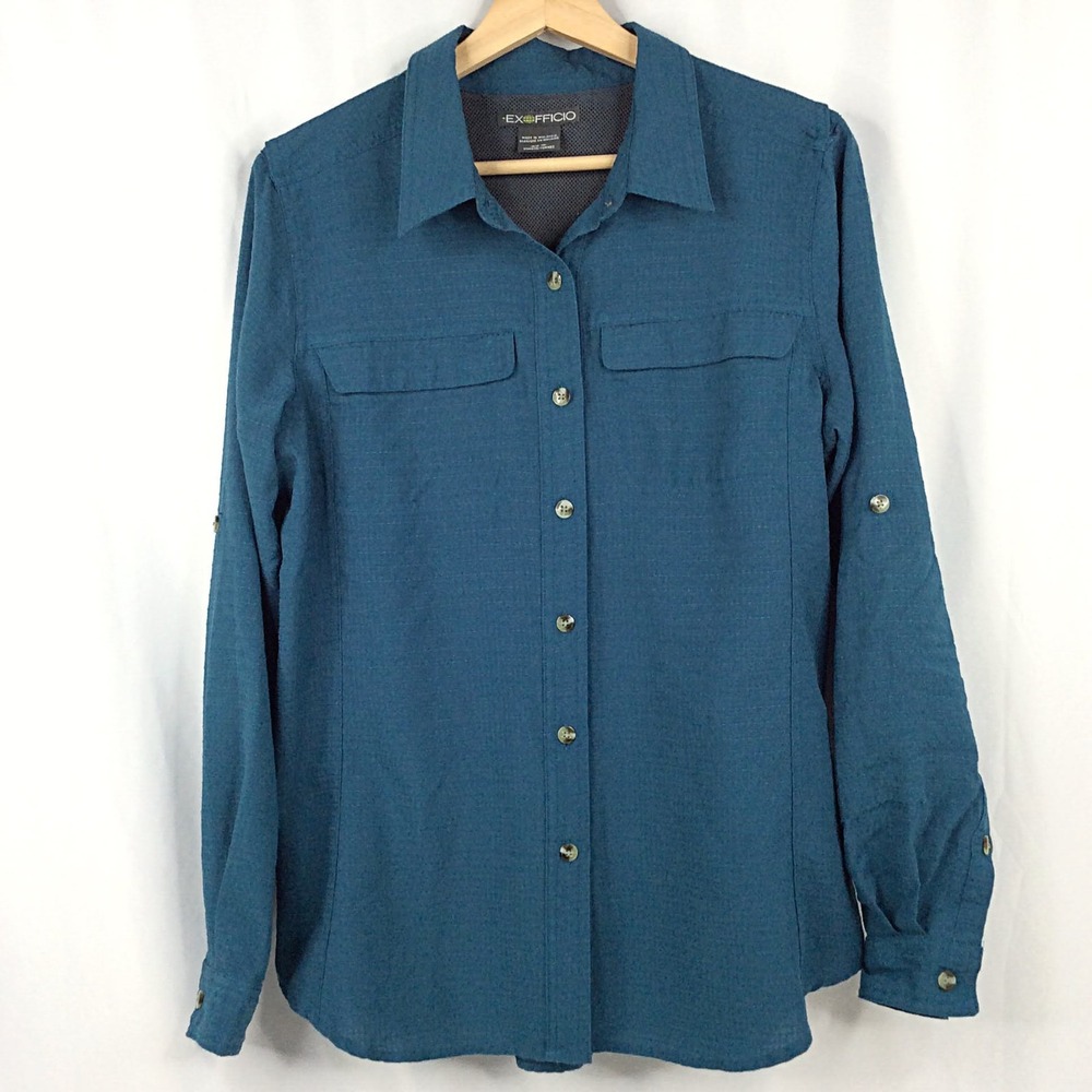 ExOfficio Vented Top Womens Size Medium 8/10 Teal Long Sleeve Button Down Travel